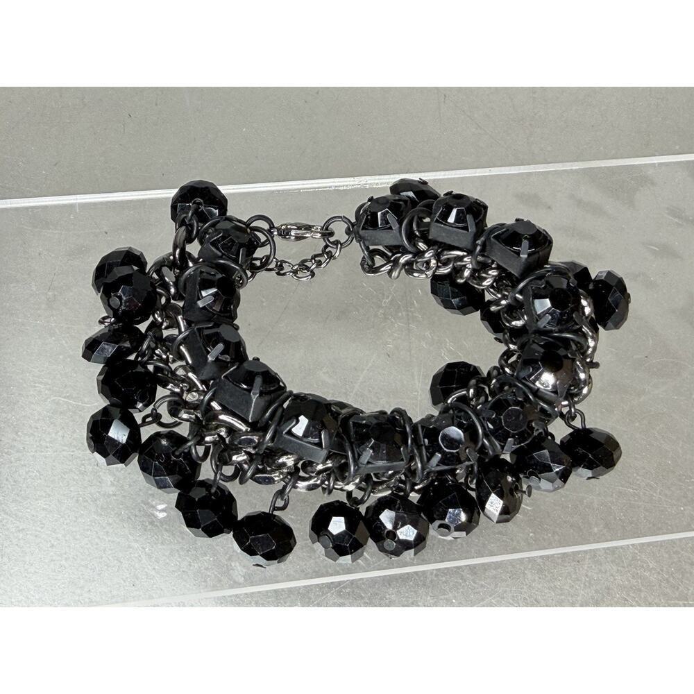 Chunky Rhinestone & Crystal Beaded Black Silver Adjust Bracelet